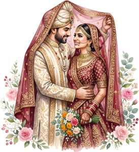 - Celebrate unity with this beautiful Indian Wedding Couple artwork, a charming PNG caricature featuring a bouquet for event designs Free PNG Download