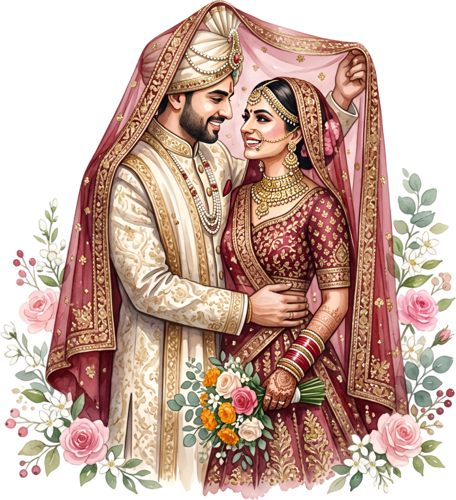 Celebratory Indian Wedding Couple Illustration, a Bouquets and Veil PNG Asset for Grand Event Invitations and Decor