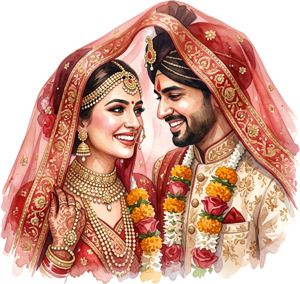 Vibrant Indian Wedding Couple PNG Illustration, Adorned with Garlands for Traditional Ceremonies and Festive Designs