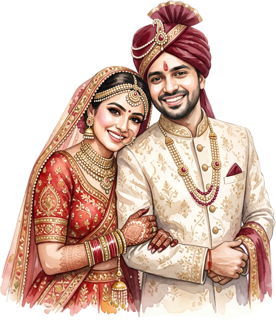Elegant Indian Wedding Couple Portrait Illustration, a Classic PNG Asset for Timeless Invitations and Announcement Cards