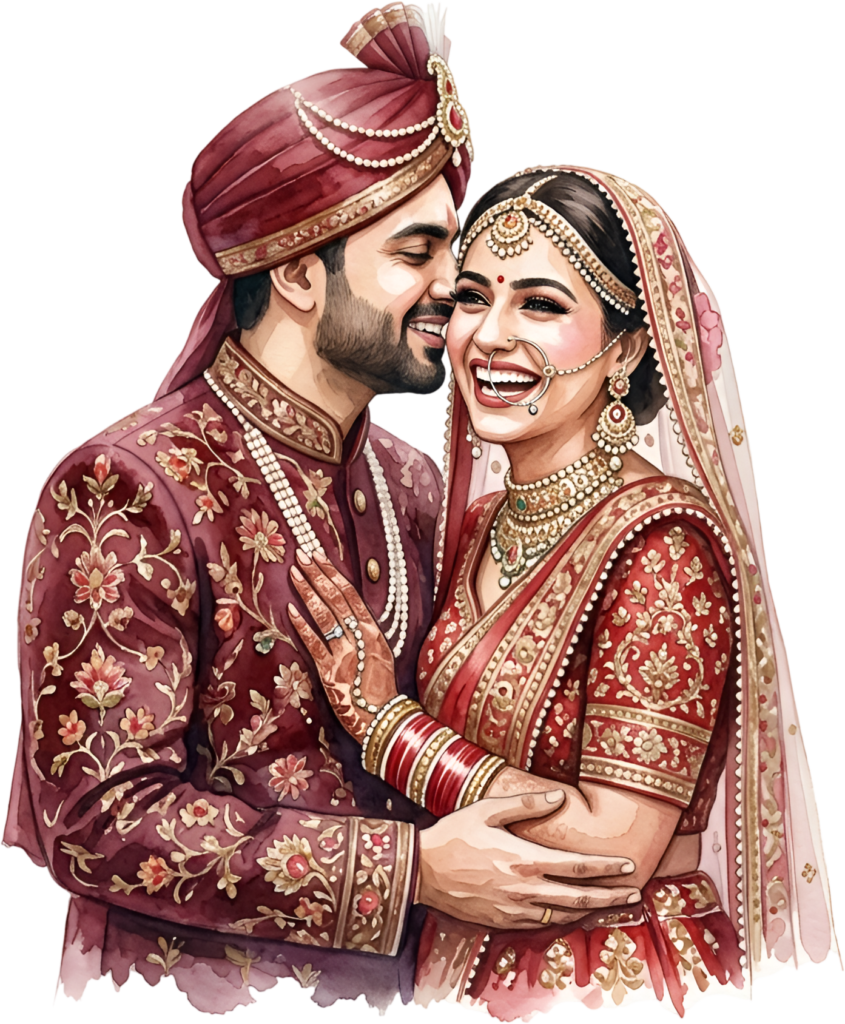 Playful Whispering Indian Wedding Couple PNG Illustration, Capturing Candid Laughter for Fun Invitations and Gifts