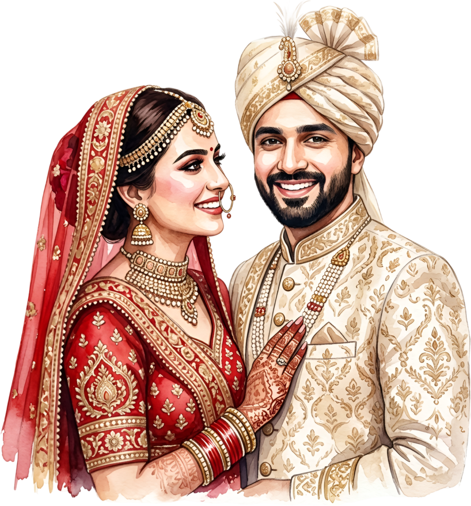 Radiant Indian Wedding Couple PNG Illustration, Adorned with Elaborate Jewelry for Grand Invitations and Decor