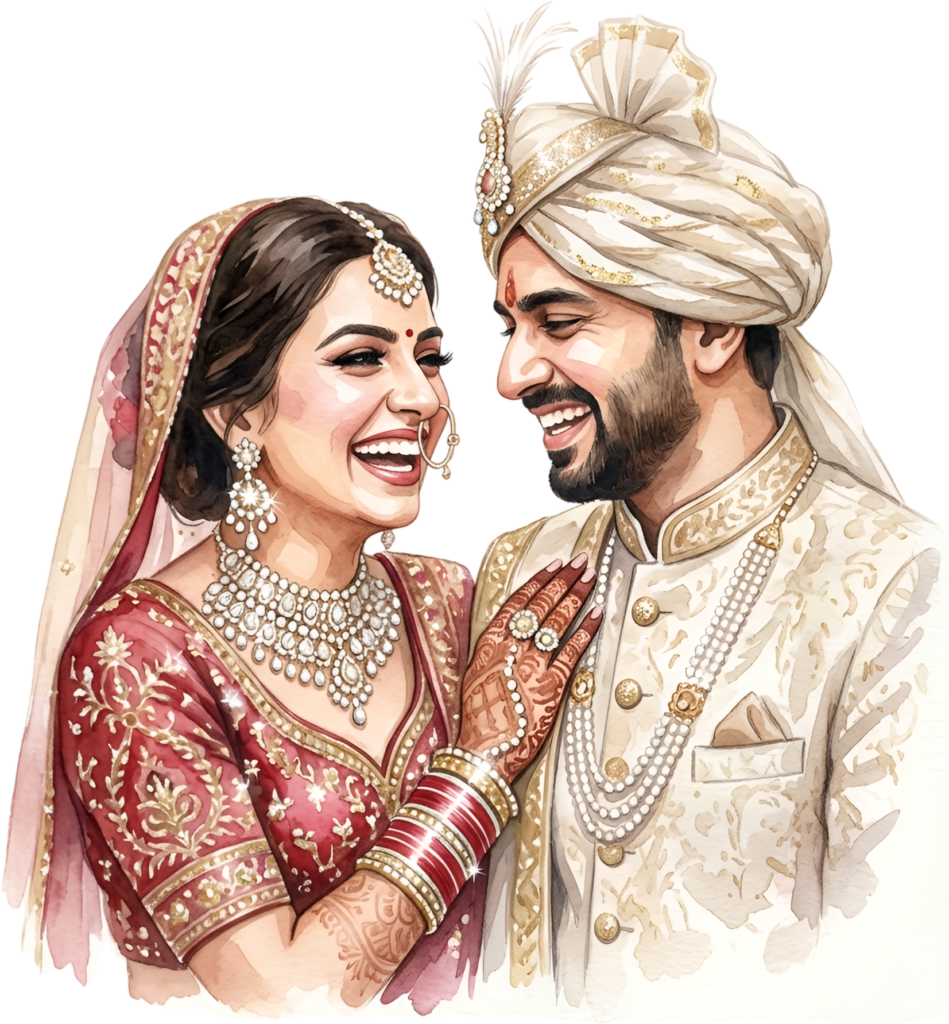 Gleeful Indian Wedding Couple Illustration, a Sparkling PNG Asset for Joyful Invitations and Festive Celebrations