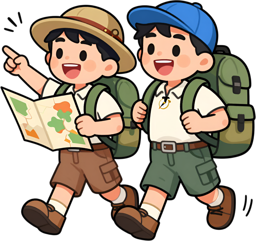 Hiking Boys exploring nature, an adventurous male Friends Cartoon PNG ideal for discovery clipart projects