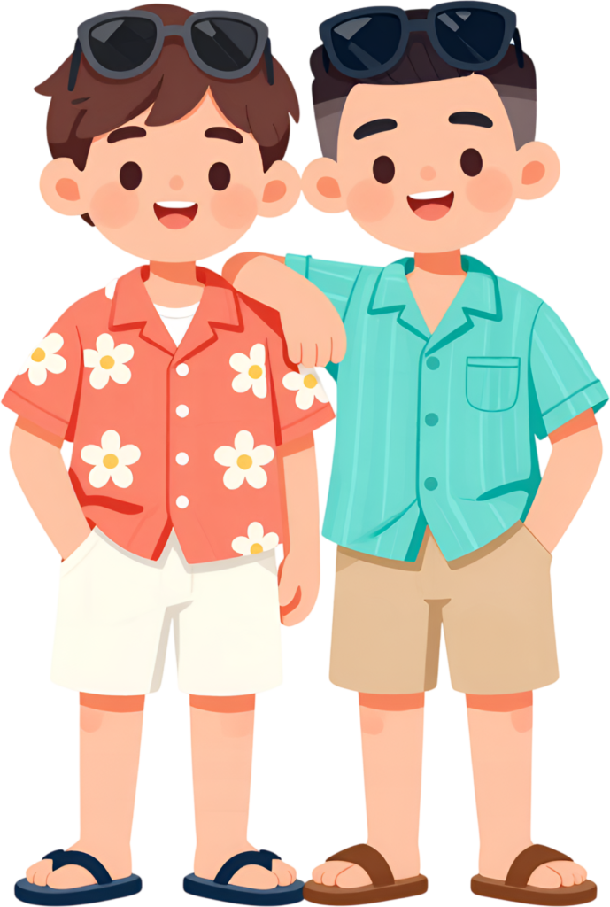 Vibrant Summer Boys enjoying vacation, essential male Friends Cartoon PNG for cheerful tropical clipart designs