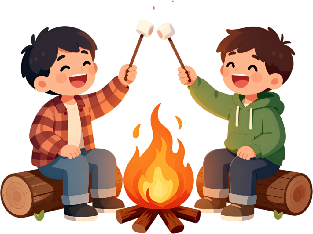 A cozy scene with Campfire Boys roasting marshmallows, delightful male Friends Cartoon PNG for outdoor clipart