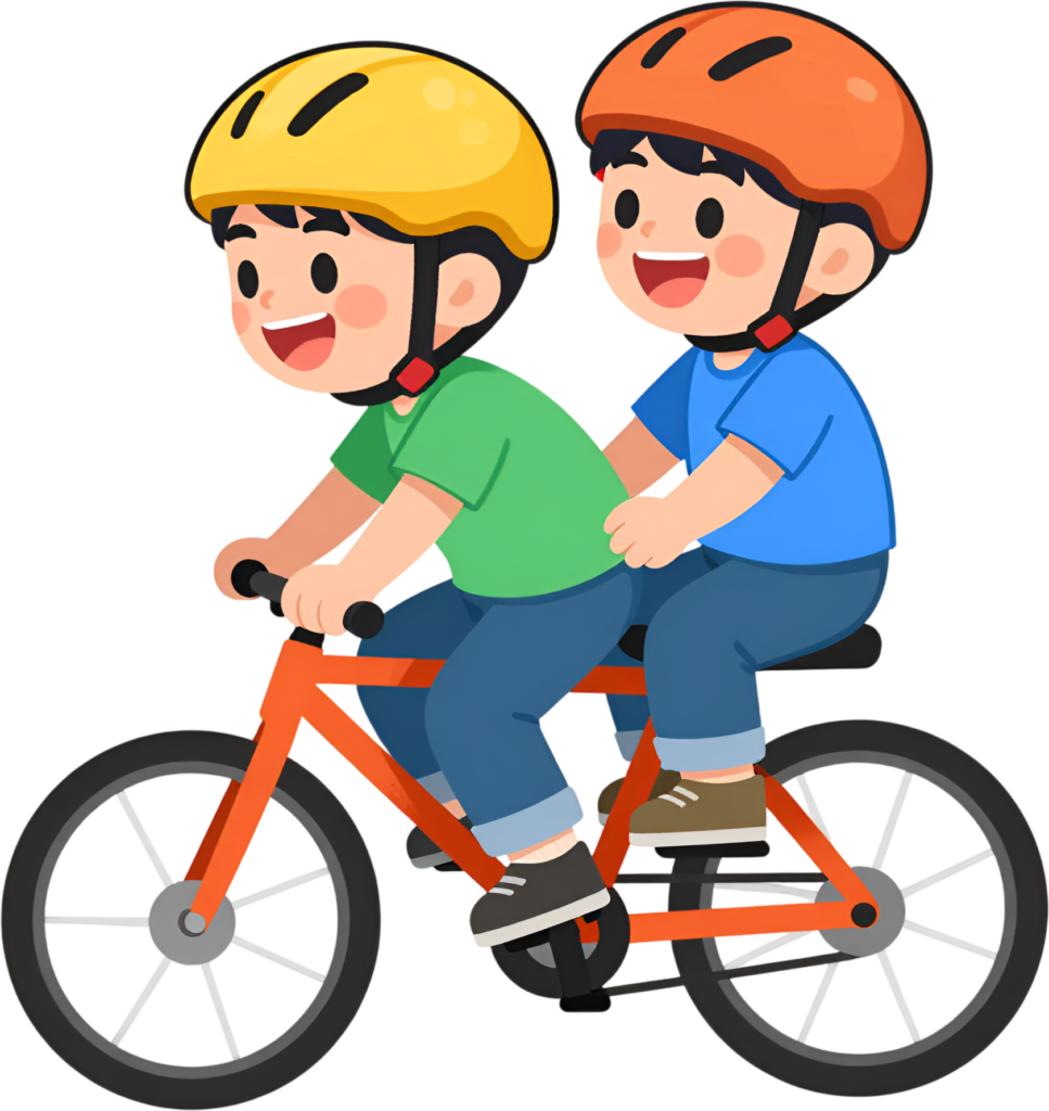 Cycling together, Tandem Bike Boys enjoy ride, cheerful male Friends Cartoon PNG for active sports clipart