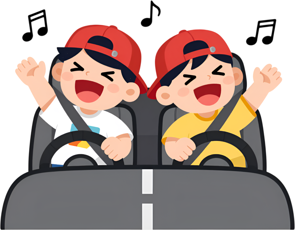 Joyful Car Ride Boys on road trip, energetic male Friends Cartoon PNG enhances travel adventure clipart