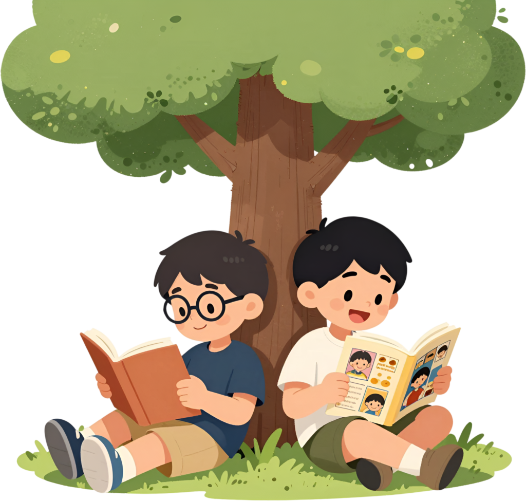 Ideal for education, Reading Boys enjoy books under tree, serene male Friends Cartoon PNG for literacy clipart