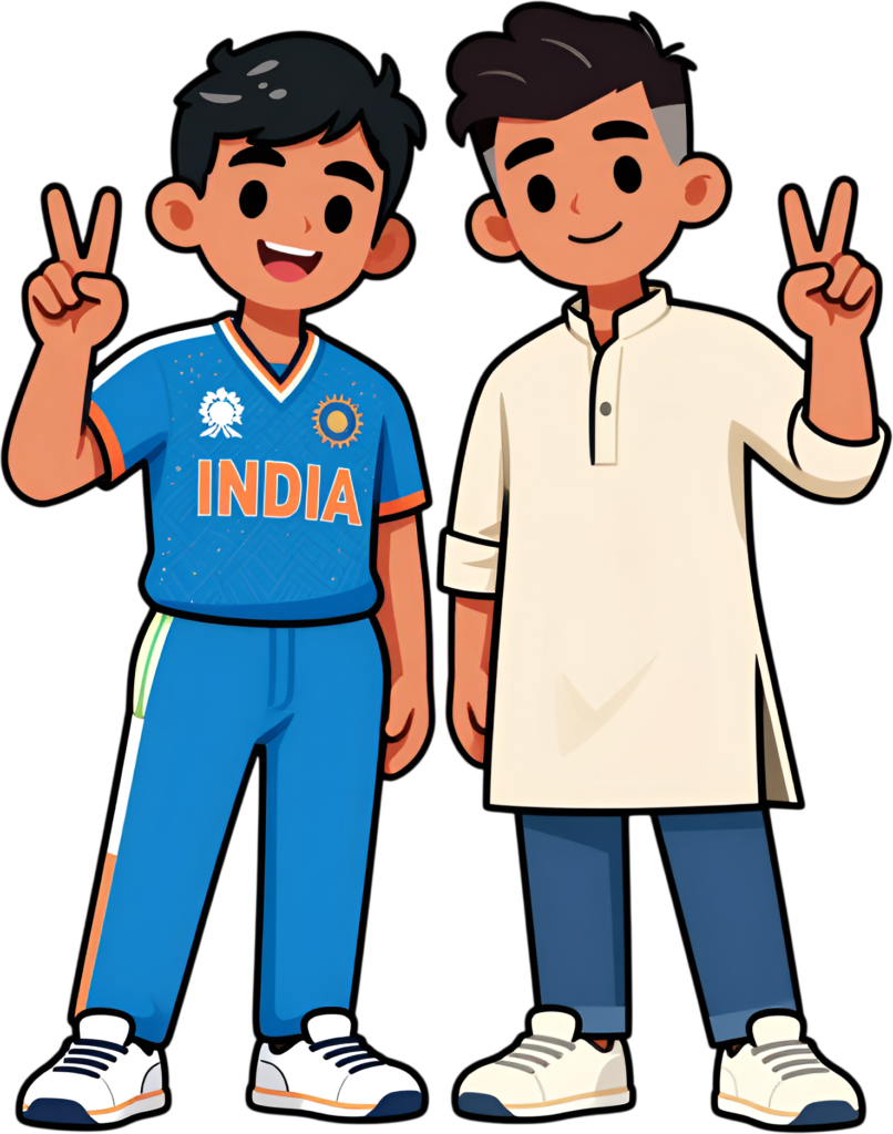 Showcasing culture, Indian Boys celebrate with peace signs, vibrant male Friends Cartoon PNG for festival clipart