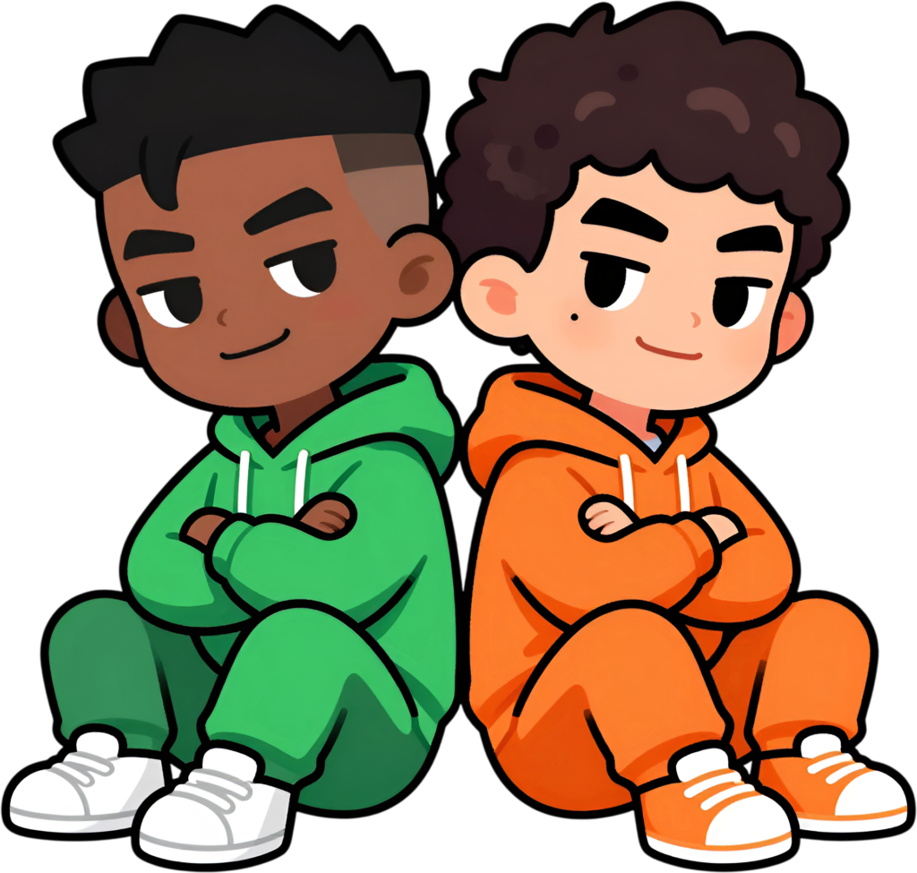 Inclusive Relaxing Boys sitting back-to-back, diverse male Friends Cartoon PNG perfect for casual comfort clipart