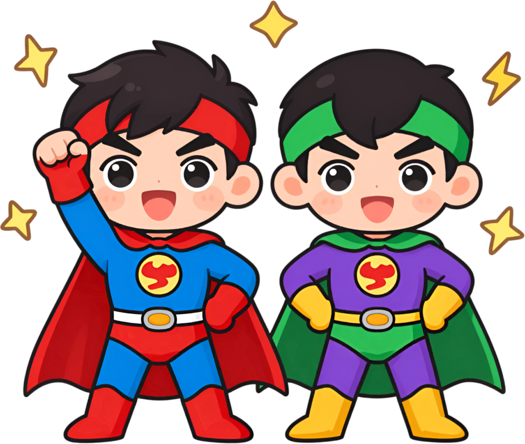 Unleash Superhero Boys posing heroically, dynamic male Friends Cartoon PNG for exciting fantasy adventure clipart