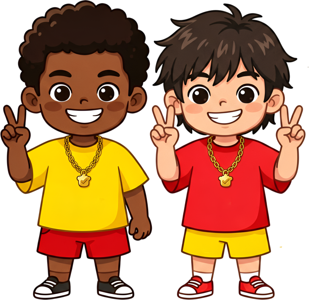 Two Young Boys gesturing peace, friendly male Friends Cartoon PNG for inclusive cultural representation clipart