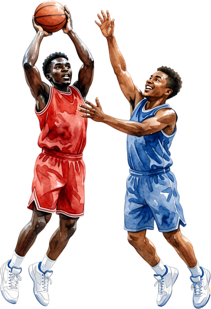 Basketball Players watercolor PNG illustration captures athletic male best friends in dynamic action clipart