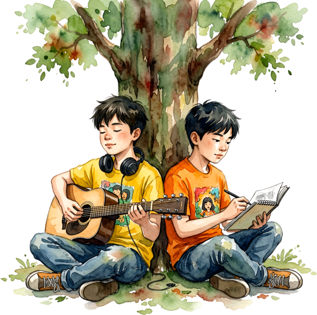 Artistic Boys Under Tree PNG illustration presents creative male best friends playing guitar and drawing