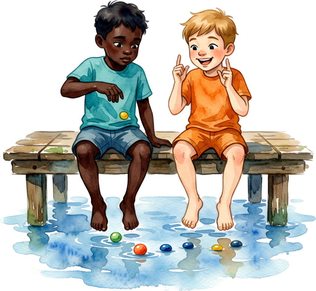 Discover Boys Playing Marbles PNG illustration, diverse male best friends enjoying dockside water fun
