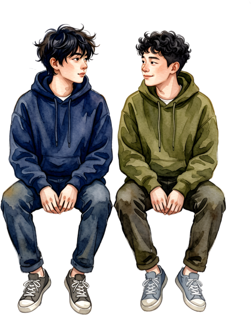Observe Boys Sitting PNG illustration capturing male best friends in quiet conversation, transparent graphic