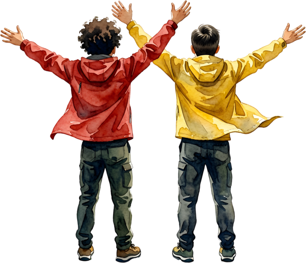 Dynamic Boys from Behind watercolor PNG illustration shows male best friends with arms raised, celebrating adventure