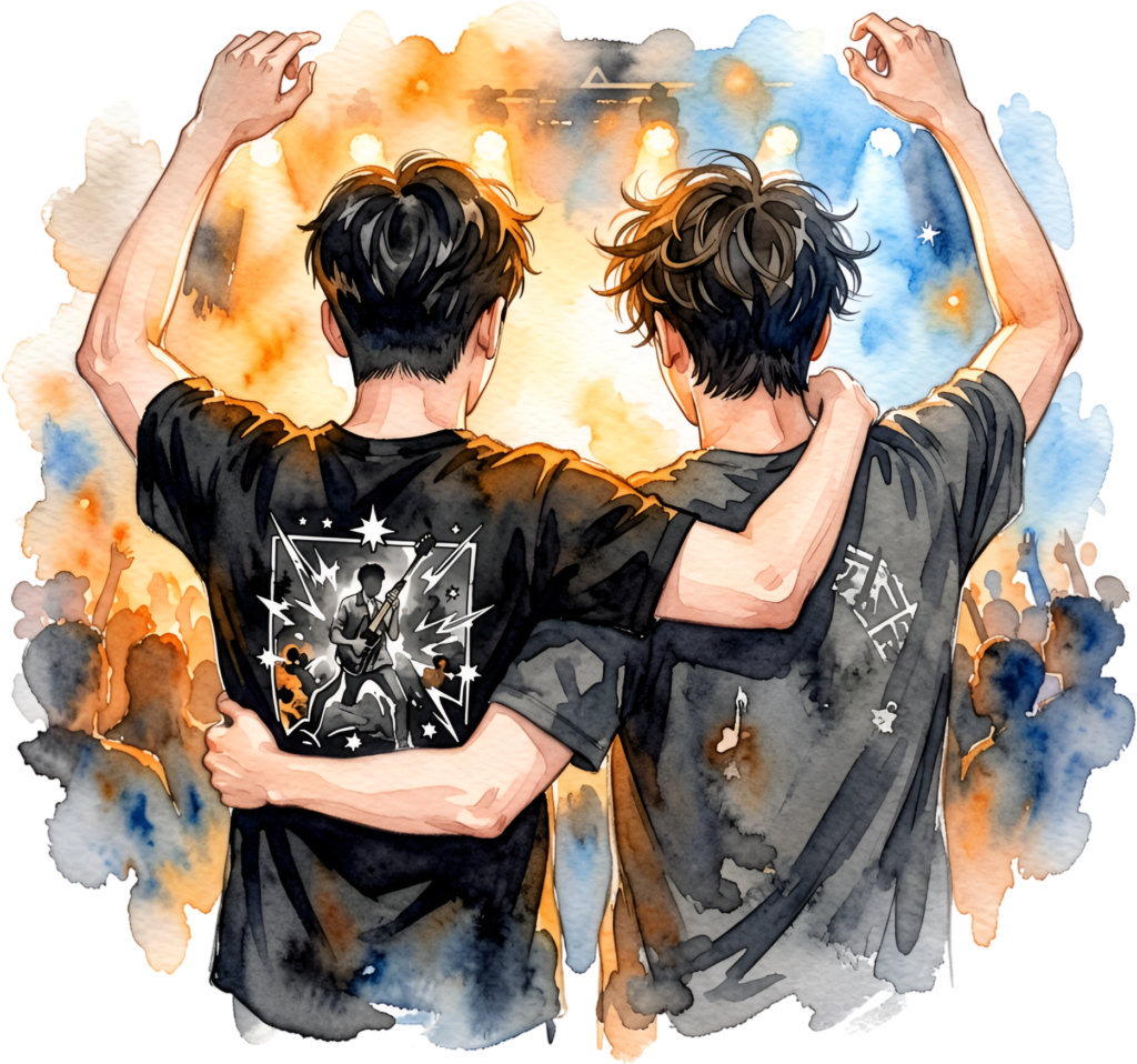 This Boys at Concert watercolor PNG illustration depicts male best friends enjoying live music together