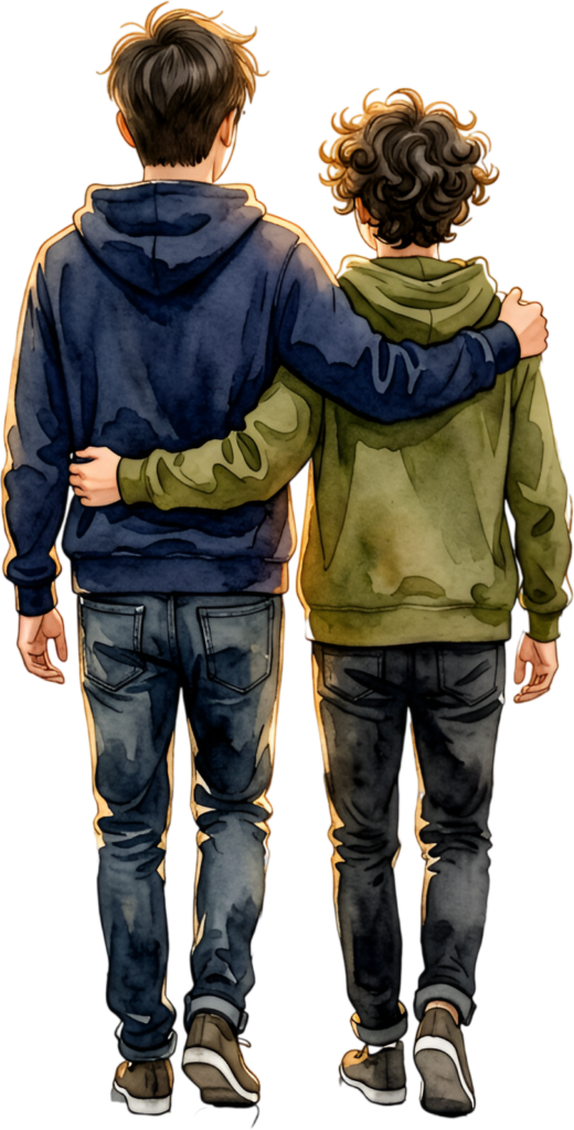 Presenting Boys Walking Away watercolor PNG illustration showcasing male best friends with arms around each other