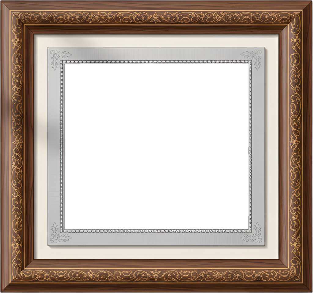 Traditional wood frame, silver inner illustration, elegant gold inlay PNG decor 1 - Traditional wood frame, silver inner illustration, elegant gold inlay PNG decor Free PNG Download
