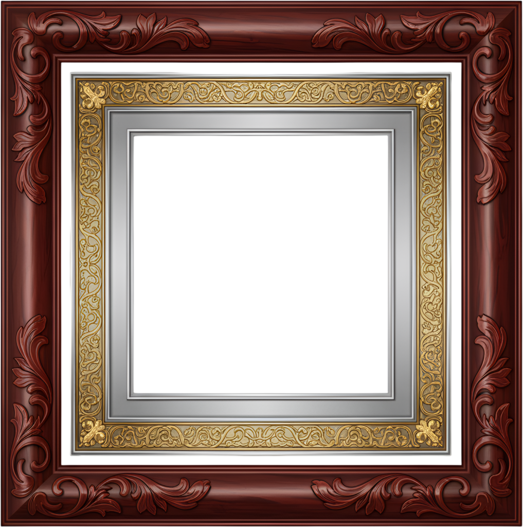 Elaborate carved wood frame, rich maroon illustration, striking gold-silver PNG art 1 - Elaborate carved wood frame, rich maroon illustration, striking gold-silver PNG art Free PNG Download