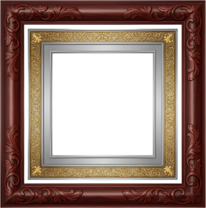 Elaborate carved wood frame, rich maroon illustration, striking gold-silver PNG art