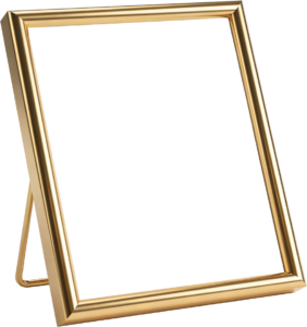 Golden tabletop frame with stand illustration, elegant display easel PNG mount