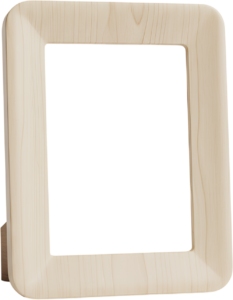 Modern rounded wood frame, desktop stand illustration, warm angled PNG piece
