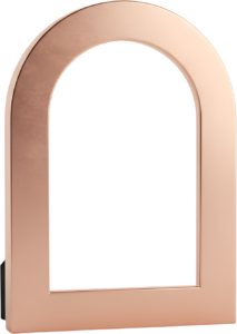 Chic rose gold arch frame, tilted stand illustration, elegant desktop PNG piece