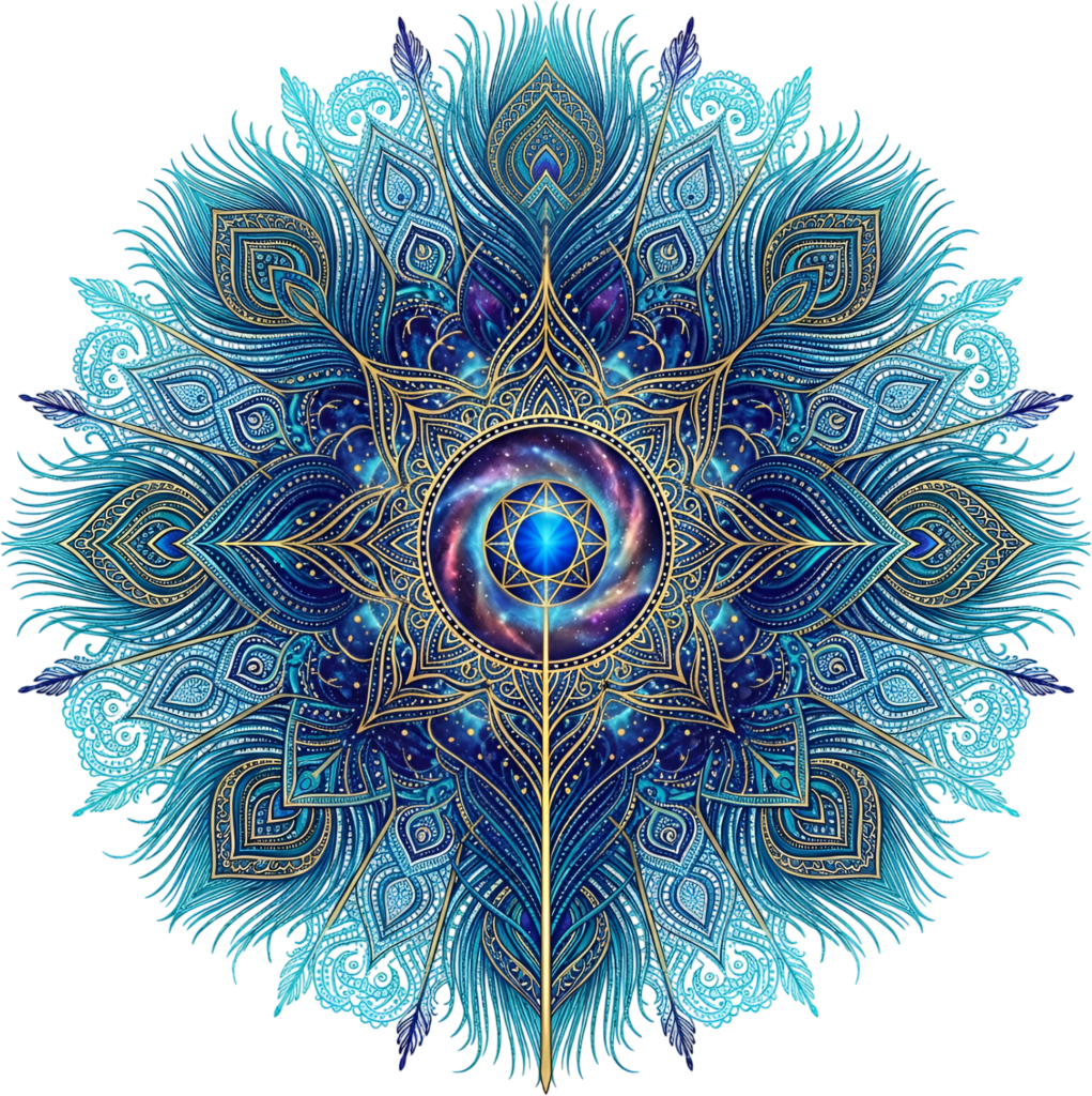 - An intricate peacock feather mandala design in cosmic blue and gold, featuring sacred geometry for mystical PNG clipart creations Free PNG Download
