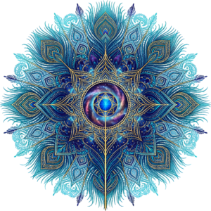 An intricate peacock feather mandala design in cosmic blue and gold, featuring sacred geometry for mystical PNG clipart creations