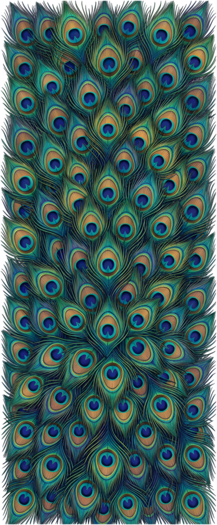 Discover this captivating vertical pattern of many vibrant realistic peacock feathers, an ideal PNG illustration for rich textile designs 1 - Discover this captivating vertical pattern of many vibrant realistic peacock feathers, an ideal PNG illustration for rich textile designs Free PNG Download