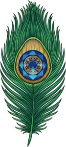 Adorn your designs with this opulent peacock feather featuring a faceted blue gemstone eye and rich golden accents, a stunning clipart