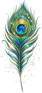 Ignite imagination with this magical sparkling peacock feather, enchanted with golden swirls and glitter, a fantasy PNG illustration for captivating designs