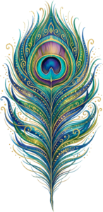 Elevate designs with this ornate stylized peacock feather, adorned with golden patterns and glitter, a sophisticated PNG illustration for luxury branding