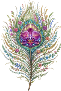This botanical peacock feather, adorned with delicate flowers, leaves, and a stunning orchid, presents an intricate floral PNG illustration