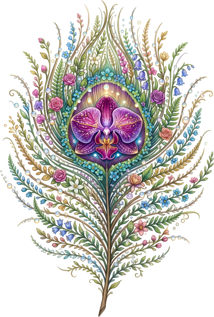 This botanical peacock feather, adorned with delicate flowers, leaves, and a stunning orchid, presents an intricate floral PNG illustration 1 - This botanical peacock feather, adorned with delicate flowers, leaves, and a stunning orchid, presents an intricate floral PNG illustration Free PNG Download