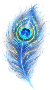 Immerse in the futuristic glow of this electric blue peacock feather, shimmering with light trails, a mystical digital PNG clip art for vibrant energy