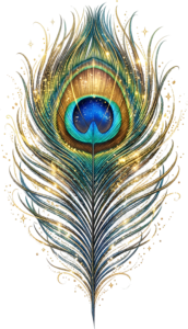 Behold this gilded peacock feather, shimmering with sparkling gold speckles, a luxurious PNG illustration for elegant festive designs
