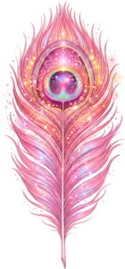 Witness the iridescent shimmer of this luminous pink peacock feather, sparkling with magical glow, an ethereal PNG illustration for fantasy art