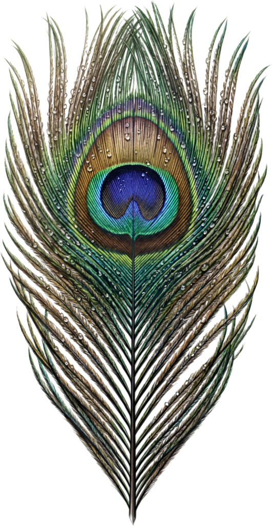- Dewy Realistic Peacock Feather, a vibrant wet Clipart PNG Illustration for refreshing nature-themed designs Free PNG Download