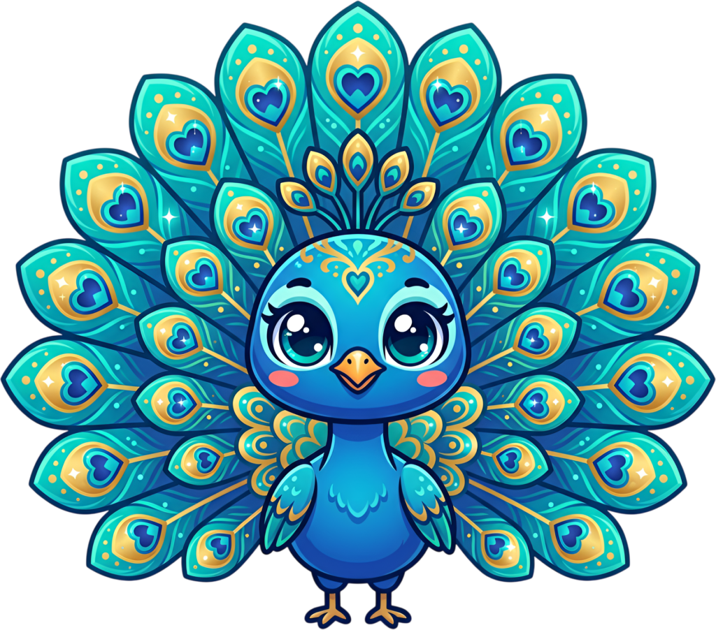 Adorable chibi peacock with dazzling heart feathers, perfect for nursery digital art PNG clipart 1 - Adorable chibi peacock with dazzling heart feathers, perfect for nursery digital art PNG clipart Free PNG Download