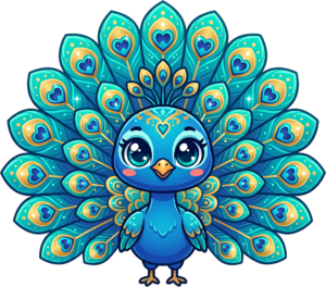Adorable chibi peacock with dazzling heart feathers, perfect for nursery digital art PNG clipart