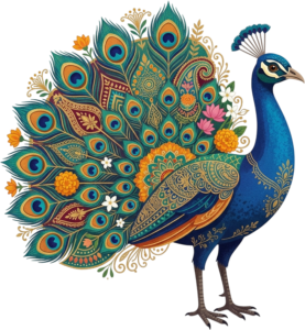 Artistic Indian Wedding Peacock with Open Tail and Floral Mandala Illustration in Transparent PNG