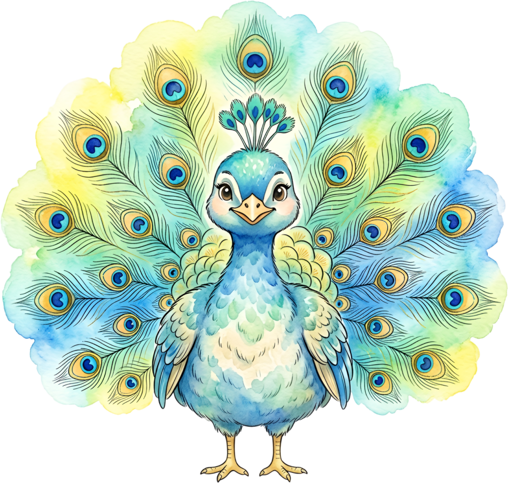 Watercolor elegance: a charming baby peacock with lush feathers, ideal printable artwork PNG clipart 1 - Watercolor elegance: a charming baby peacock with lush feathers, ideal printable artwork PNG clipart Free PNG Download