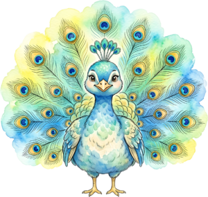 Watercolor elegance: a charming baby peacock with lush feathers, ideal printable artwork PNG clipart