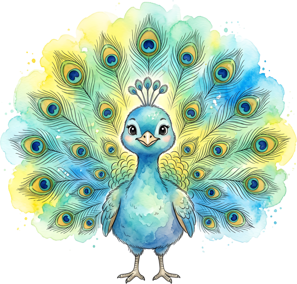 Discover a delightful watercolor peacock chick boasting vibrant feathers, perfect for creative projects PNG clipart 1 - Discover a delightful watercolor peacock chick boasting vibrant feathers, perfect for creative projects PNG clipart Free PNG Download