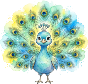 Discover a delightful watercolor peacock chick boasting vibrant feathers, perfect for creative projects PNG clipart