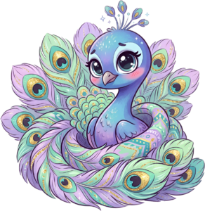 Enchanting chibi peacock nestled in sparkling pastel feathers, lovely for sweet feminine design PNG clipart